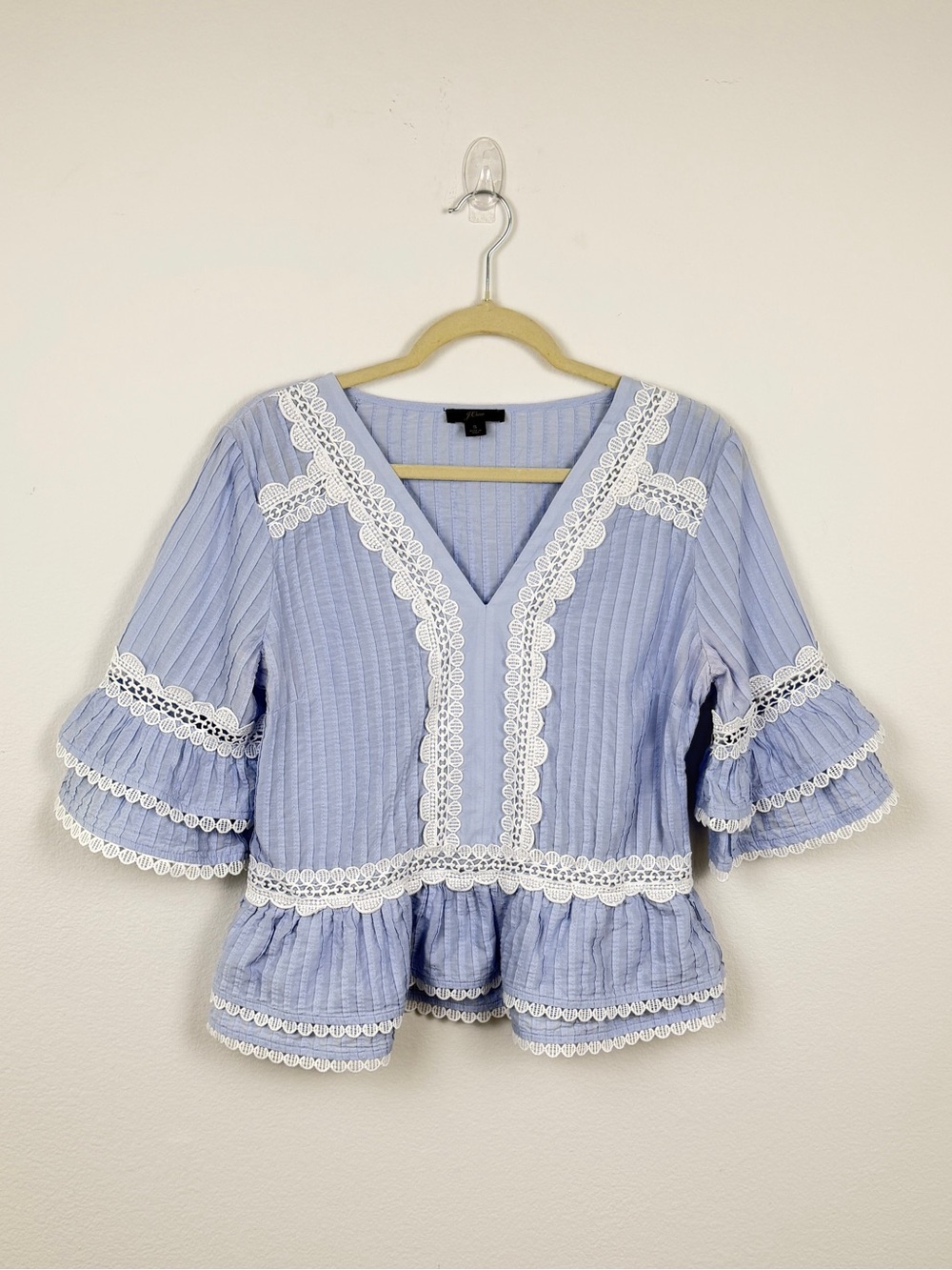J.Crew Blue Cotton Lace Trim Peplum Bell Sleeve Top Size Small